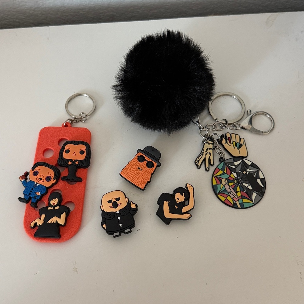 Fun Wednesday/Adams Family Character Keychain Set with Black Pom Pom